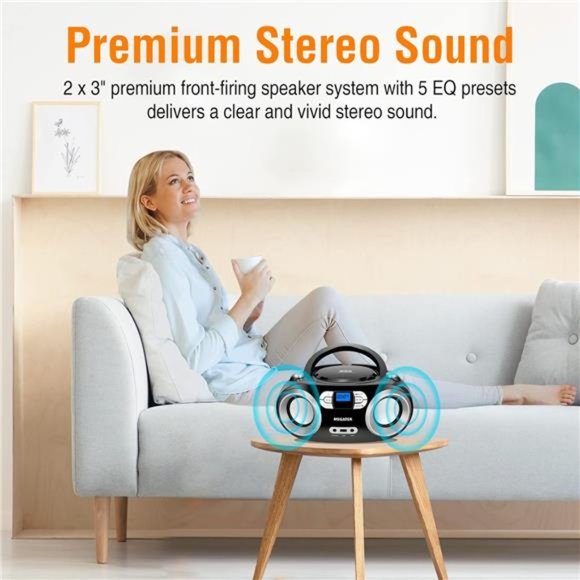 Portable CD Player Boombox with FM Radio, Bluetooth, and USB Port | Clear Stereo - Picture 2 of 5